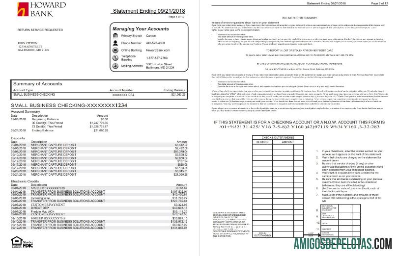Modelo de extrato bancário comercial para impressão nos EUA Maryland Howard Business, formato Word e PDF (.doc e .pdf) (4 páginas)